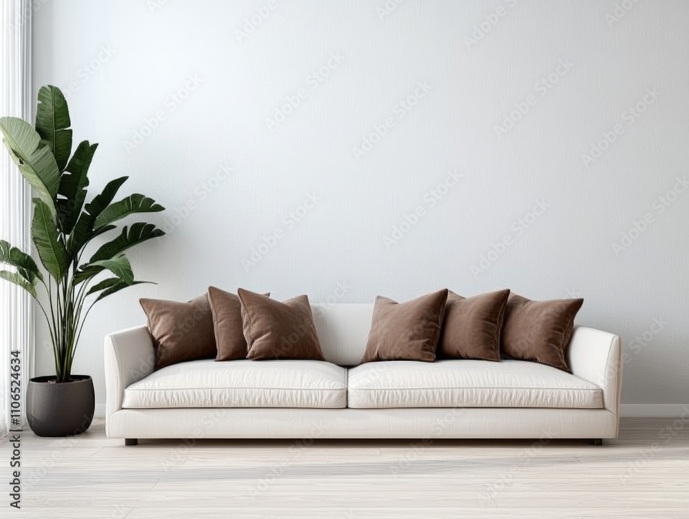 Minimalist Modern Living Room with White Couch and Brown Pillows Minimalist Modern Living Room with White Couch and Brown Pillows