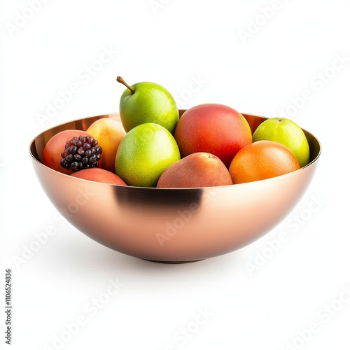 Fresh and Colorful Fruits in a Copper Bowl on a Bright Background