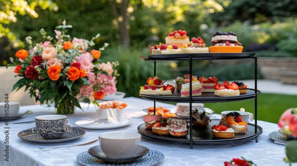 Colorful Dessert Display on Three-Tier Stand with Floral Arrangement Colorful Dessert Display on Three-Tier Stand with Floral Arrangement