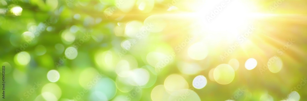 Fototapeta premium Abstract Spring Background with Blurred Bokeh Lights and Sunbeams in Green and Yellow