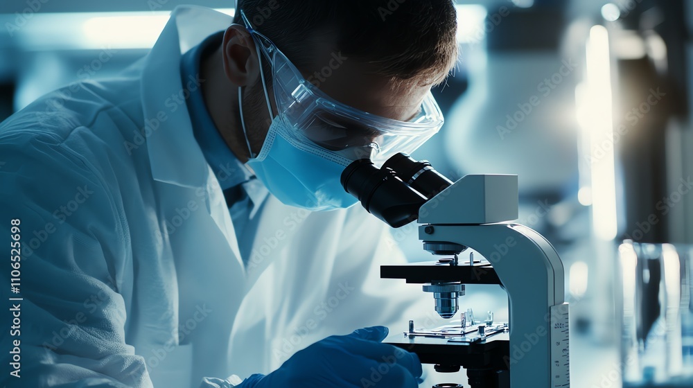 A scientist in a lab coat, goggles, and a mask looks through a microscope in a laboratory. A scientist in a lab coat, goggles, and a mask looks through a microscope in a laboratory.