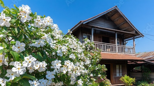 Charming Wooden House Surrounded by Blooming White Flowers