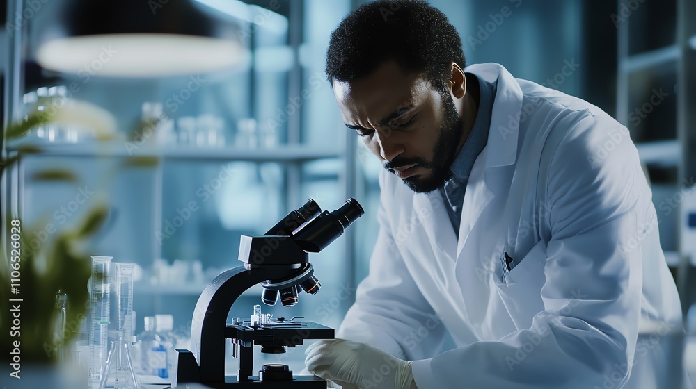 A scientist in a lab coat looks through a microscope in a lab. A scientist in a lab coat looks through a microscope in a lab.
