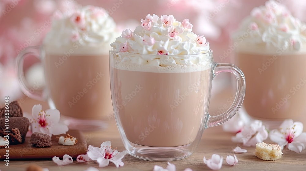 Delicious creamy beverage topped with whipped cream and flowers Delicious creamy beverage topped with whipped cream and flowers