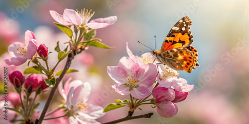 butterfly perched on a vibrant spring flower in soft focus