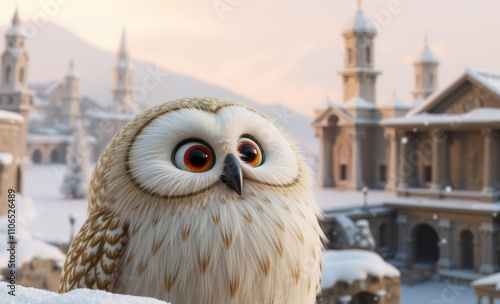 owl christmas Potato with a funny face on the background of the ancient city in the snow  animal, decoration, season, bird photo