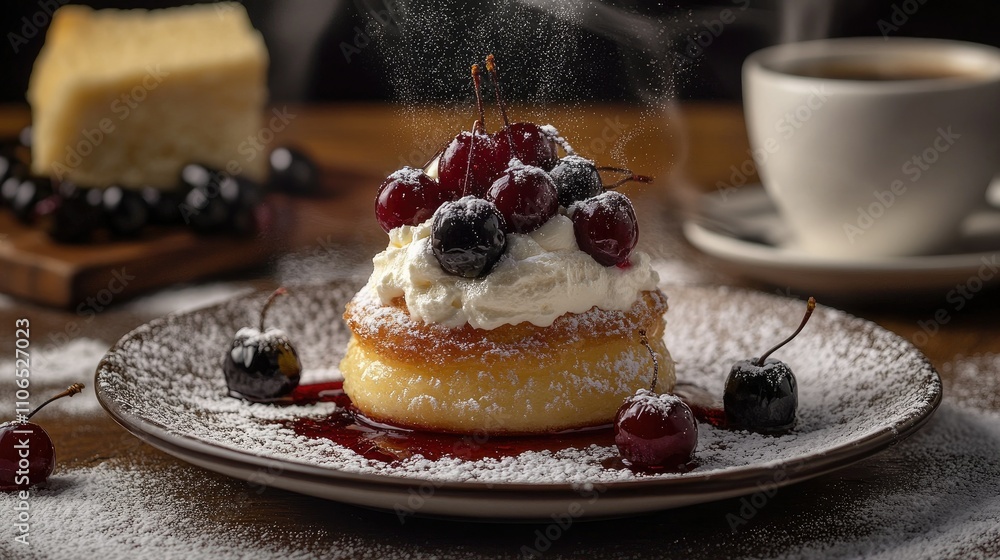Delicious Cake with Berries and Cream on Rustic Table Delicious Cake with Berries and Cream on Rustic Table