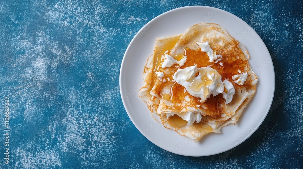 Delicious Fresh Crepes Topped with Whipped Cream and Syrup Delicious Fresh Crepes Topped with Whipped Cream and Syrup