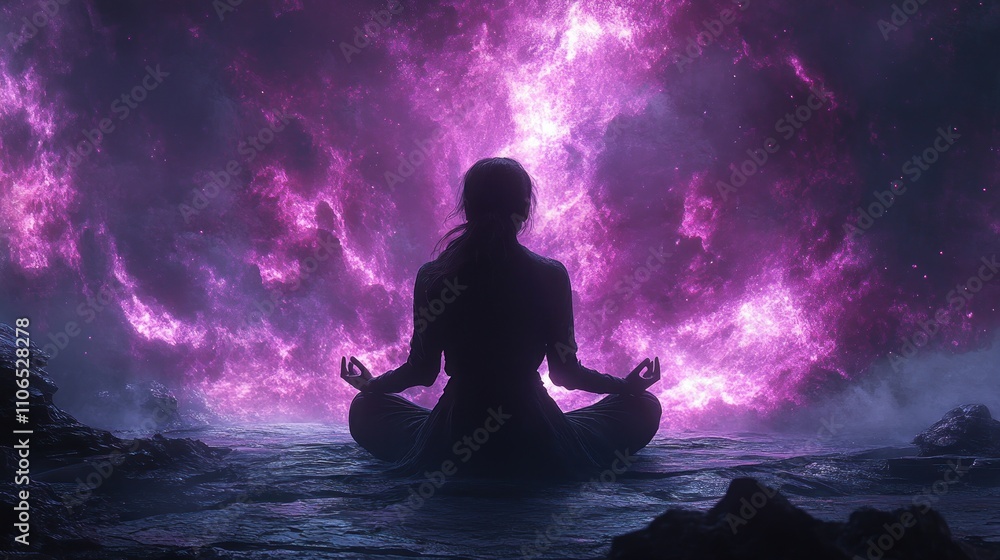 A Woman Meditating in Front of a Cosmic Sky A Woman Meditating in Front of a Cosmic Sky