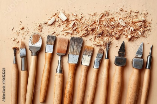 Top View of Rustic Hand Tools on Wooden Desk with Chisels Planes and Gouges Surrounded by Wood Shavings in Carpentry Workshop photo