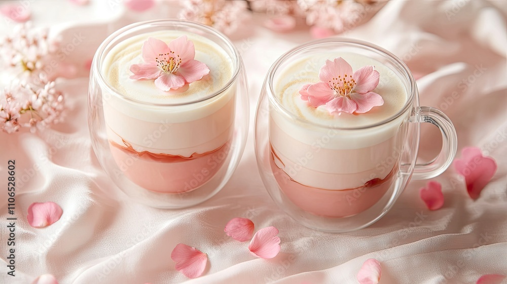 Elegant Dessert in Glass Cups with Cherry Blossom Petals Decor Elegant Dessert in Glass Cups with Cherry Blossom Petals Decor