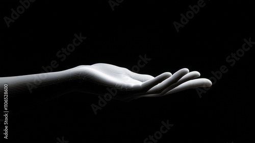 A minimalist representation of an advanced AI-powered prosthetic hand with glowing white outlines and detailed contours, symbolizing the future of artificial intelligence in human augmentation. photo