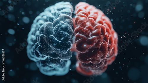 A conceptual image of a dual-colored brain in red and blue glowing details, symbolizing the merging of human cognition and artificial intelligence within a futuristic framework. photo