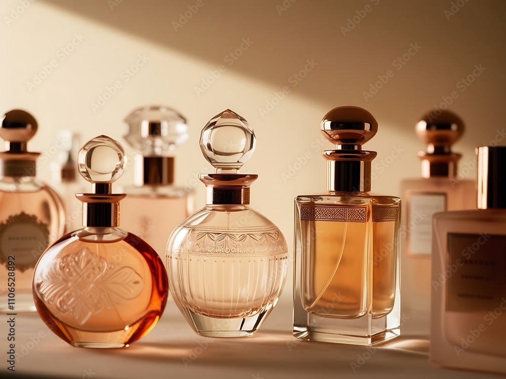 Collection of Ornate Perfume Bottles with Gold Accents Collection of Ornate Perfume Bottles with Gold Accents