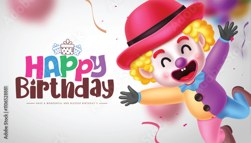 Happy birthday greeting text clipart design. Birthday greeting with cute clown character for kids party invitation card background. Vector illustration wishing card clip art. 
