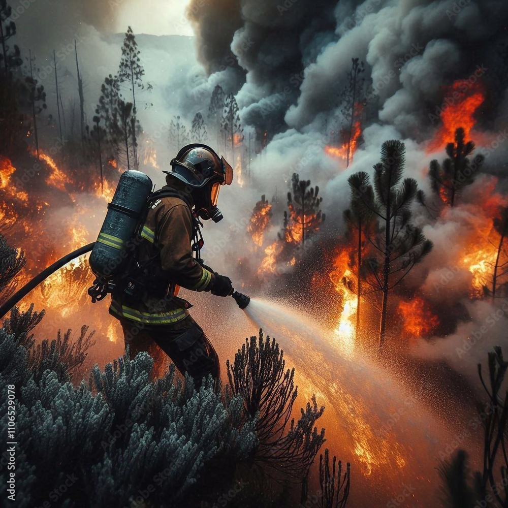 Obraz premium Firefighter Battling a Fierce Forest Fire with Bravery and Resilience