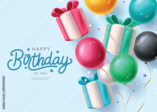 Happy birthday greeting clipart background. Birthday greeting wishes with gift boxes and floating balloons decoration elements. Vector illustration invitation card clip art.  
