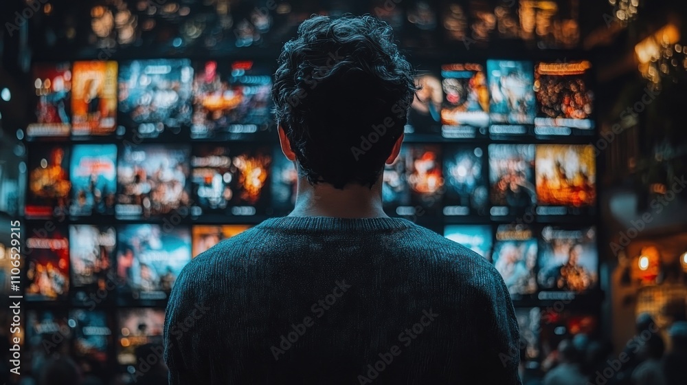 Man Looking at Wall of Screens Man Looking at Wall of Screens