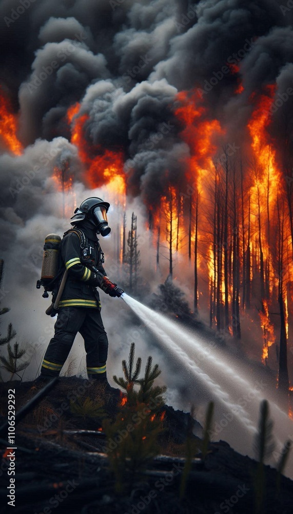 Obraz premium Firefighter Battling a Fierce Forest Fire with Bravery and Resilience