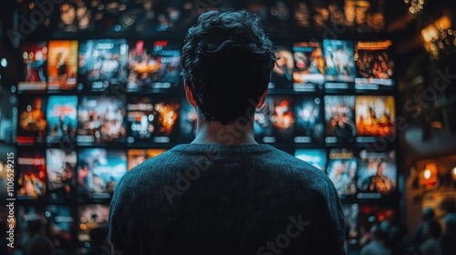 Man Looking at Wall of Screens