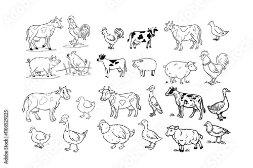 vintage silhouette farm animal vector set.