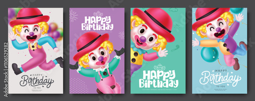 Happy birthday greeting clipart poster set. Birthday clown greetings and wishes collection for kids party celebration background. Vector illustration invitation card clip art.   
 photo