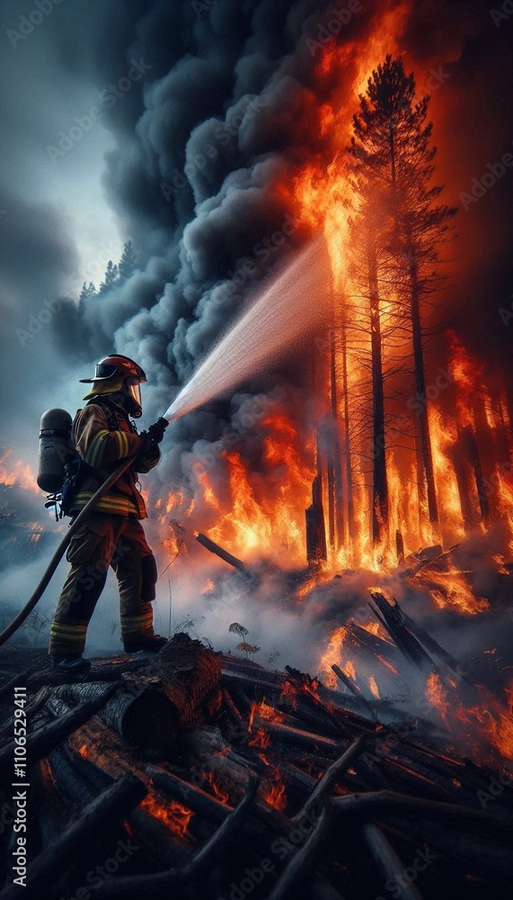 Obraz premium Firefighter Battling a Fierce Forest Fire with Bravery and Resilience