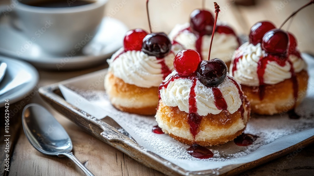 Delicious Dessert with Cream, Cherries, and Sweet Toppings on Plate Delicious Dessert with Cream, Cherries, and Sweet Toppings on Plate