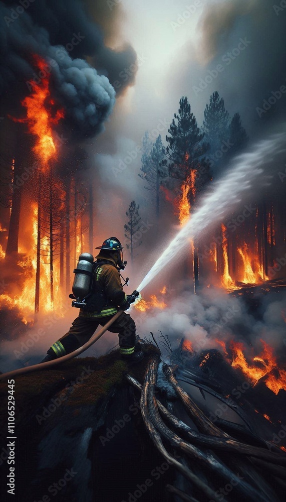 Obraz premium Firefighter Battling a Fierce Forest Fire with Bravery and Resilience