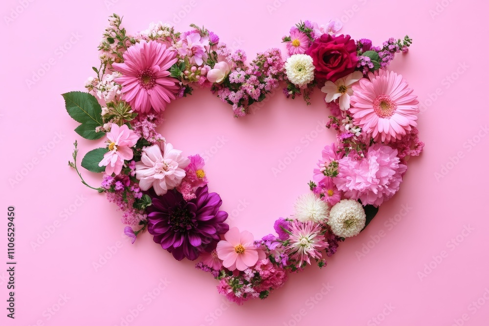 Heart Shaped Floral Frame with Pink and Purple Flowers on Solid Pink Background Romantic and Minimalist Heart Shaped Floral Frame with Pink and Purple Flowers on Solid Pink Background Romantic and Minimalist