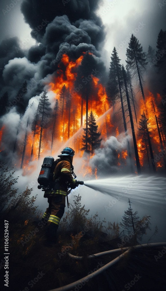 Fototapeta premium Firefighter Battling a Fierce Forest Fire with Bravery and Resilience