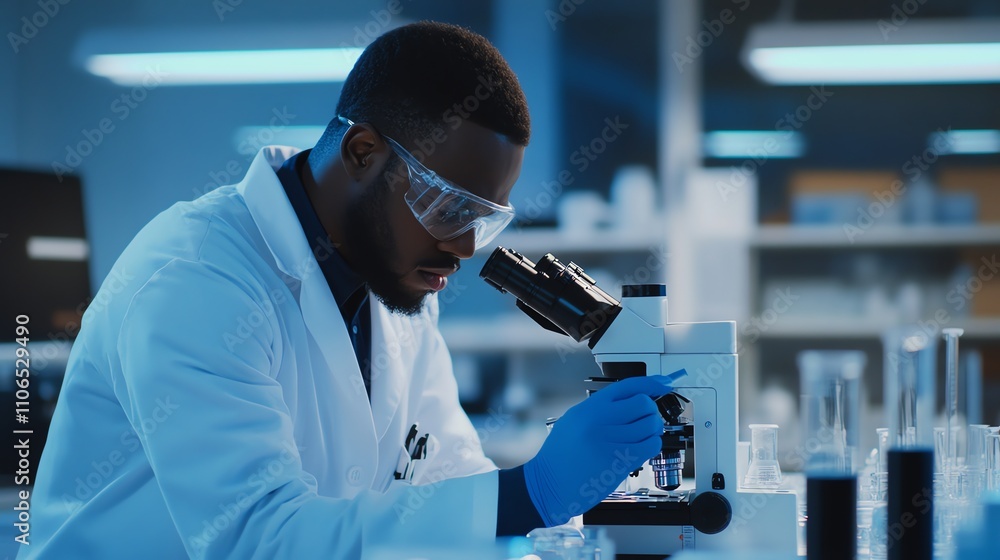 A scientist in a lab coat looks through a microscope in a lab. A scientist in a lab coat looks through a microscope in a lab.