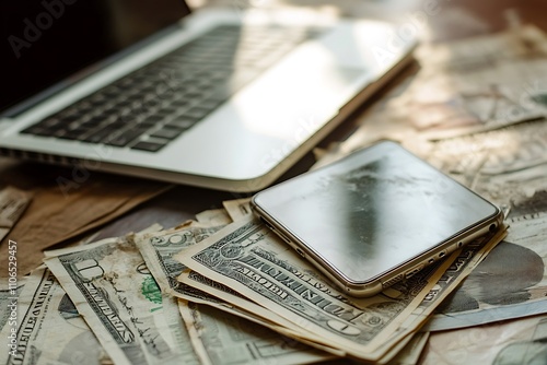 Wallpaper Mural Laptop and phone on a pile of US dollars. Concept of online business, finance, and digital transactions. Torontodigital.ca