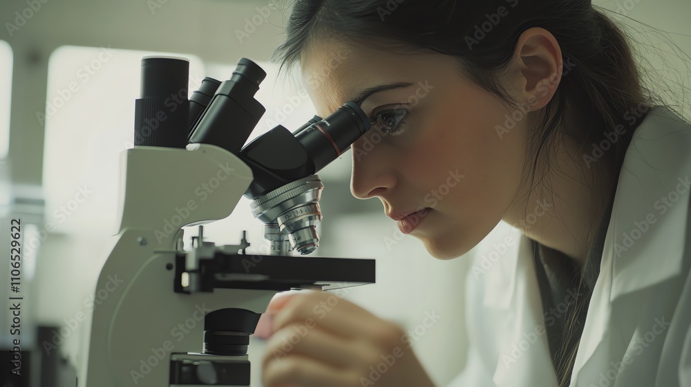 A female scientist uses a microscope in a lab. A female scientist uses a microscope in a lab.
