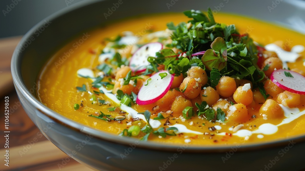 Autumnal vegetarian pumpkin and carrot soup with chickpeas, cream, and radish greens. Nourishing fall and winter slow cuisine.
