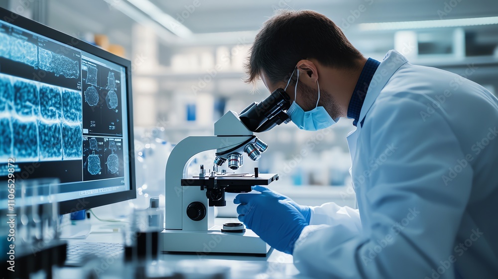 A scientist in a lab coat looks through a microscope in a lab. A scientist in a lab coat looks through a microscope in a lab.