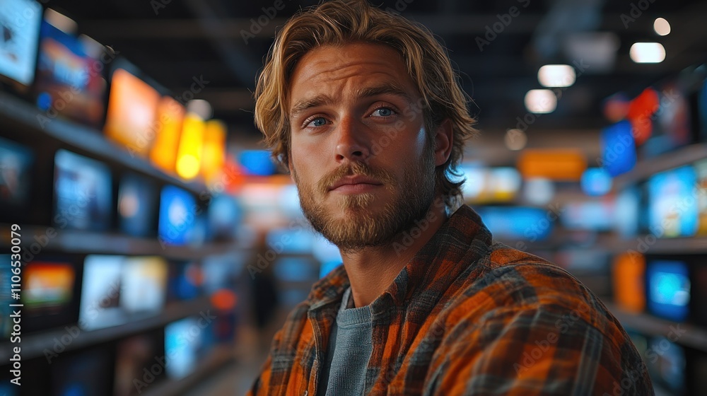 Man Looking at TVs in Store Man Looking at TVs in Store