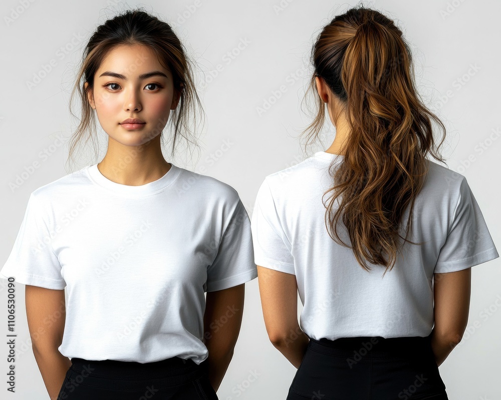 Elegant Young Woman in Plain White T-Shirt Posing Against Neutral Background, Showcasing Front and Back Views, Perfect for Fashion and Lifestyle Themes Elegant Young Woman in Plain White T-Shirt Posing Against Neutral Background, Showcasing Front and Back Views, Perfect for Fashion and Lifestyle Themes