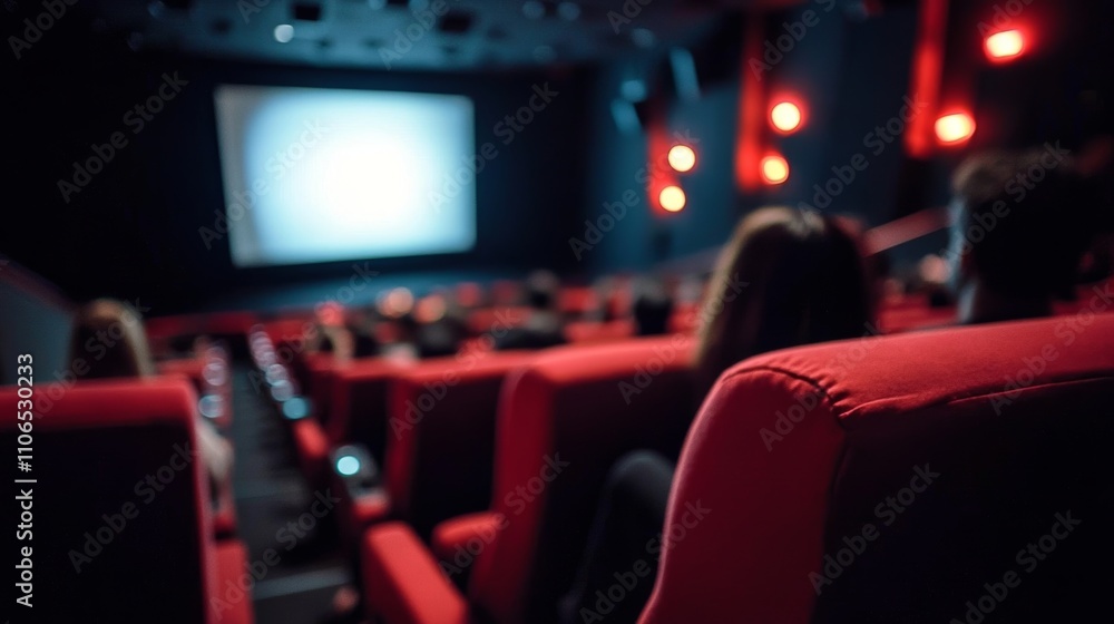 Dimly Lit Movie Theater with Red Cushioned Seats and Blurred Audience Dimly Lit Movie Theater with Red Cushioned Seats and Blurred Audience