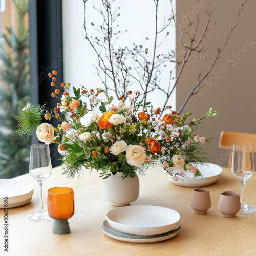 beautiful winter themed floral arrangement featuring white and orange ranunculus, berries, and branches, set on wooden table with elegant tableware photo