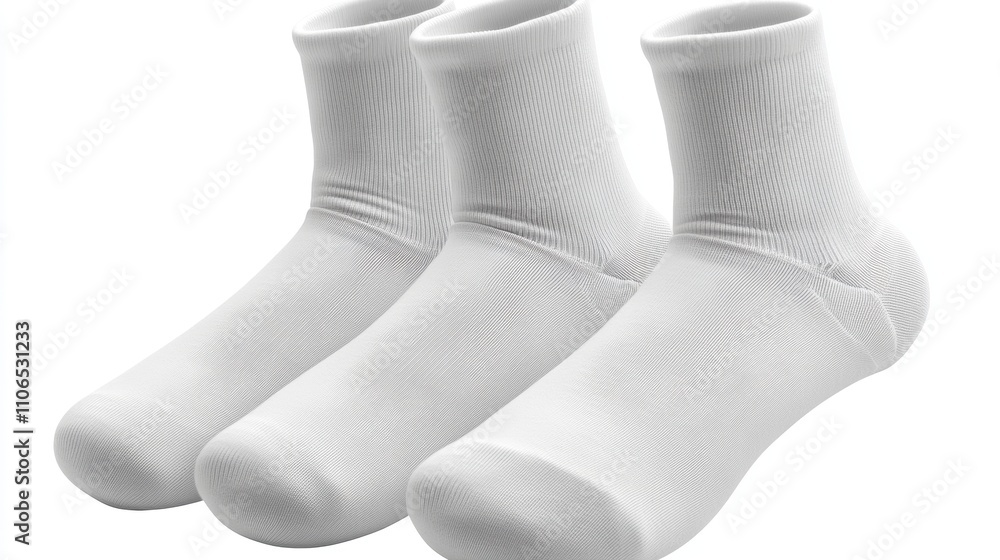 Three Pairs of White Cotton Socks on Display, Close-up View, Perfect for Athletic Wear, Casual Outfits, and Everyday Comfort in Various Activities and Sports Three Pairs of White Cotton Socks on Display, Close-up View, Perfect for Athletic Wear, Casual Outfits, and Everyday Comfort in Various Activities and Sports