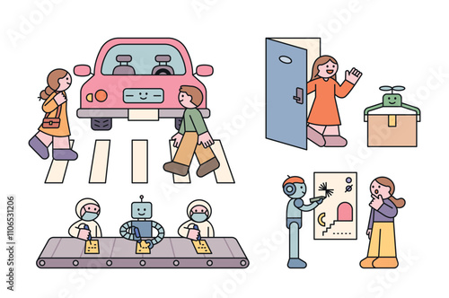 Robots that make human society more convenient. Self-driving cars, Tron delivery, factory work, art work. Cuttiny character with outline.