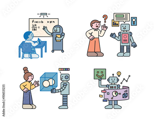 Cute people are studying, searching data, and visualizing samples with the help of robots. Cuttiny character with outline.