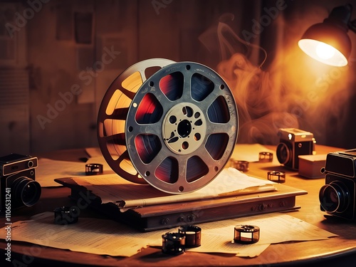 Vintage Film Reel and Cameras on a Wooden Table