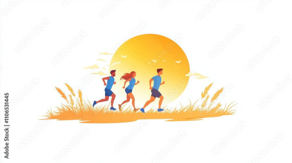 Energetic Young Adults Running Together in Nature at Sunset, Capturing Joy and Fitness in a Vibrant Outdoor Scene