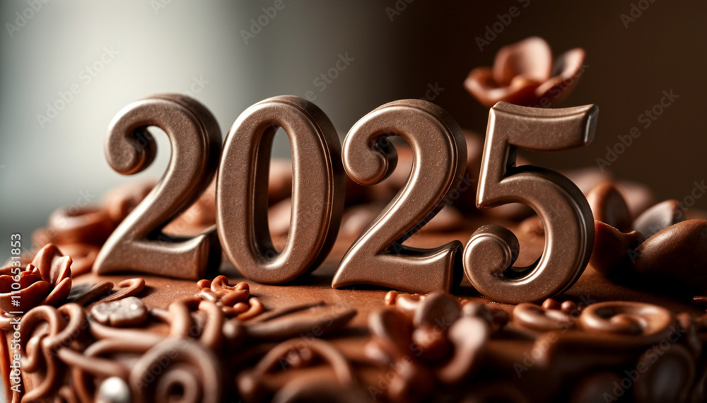 A close-up of a delicious Christmas chocolate cake with shiny decorations. With a 2025 3D number made of chocolate, this high-quality image showcases the details of the cake's texture and visual appea A close-up of a delicious Christmas chocolate cake with shiny decorations. With a 2025 3D number made of chocolate, this high-quality image showcases the details of the cake's texture and visual appea