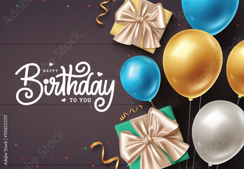 Happy birthday greeting card clipart design. Birthday greeting and wishes text with blue, gold balloons and gift boxes decoration elements in black wooden background. Vector illustration invitation 