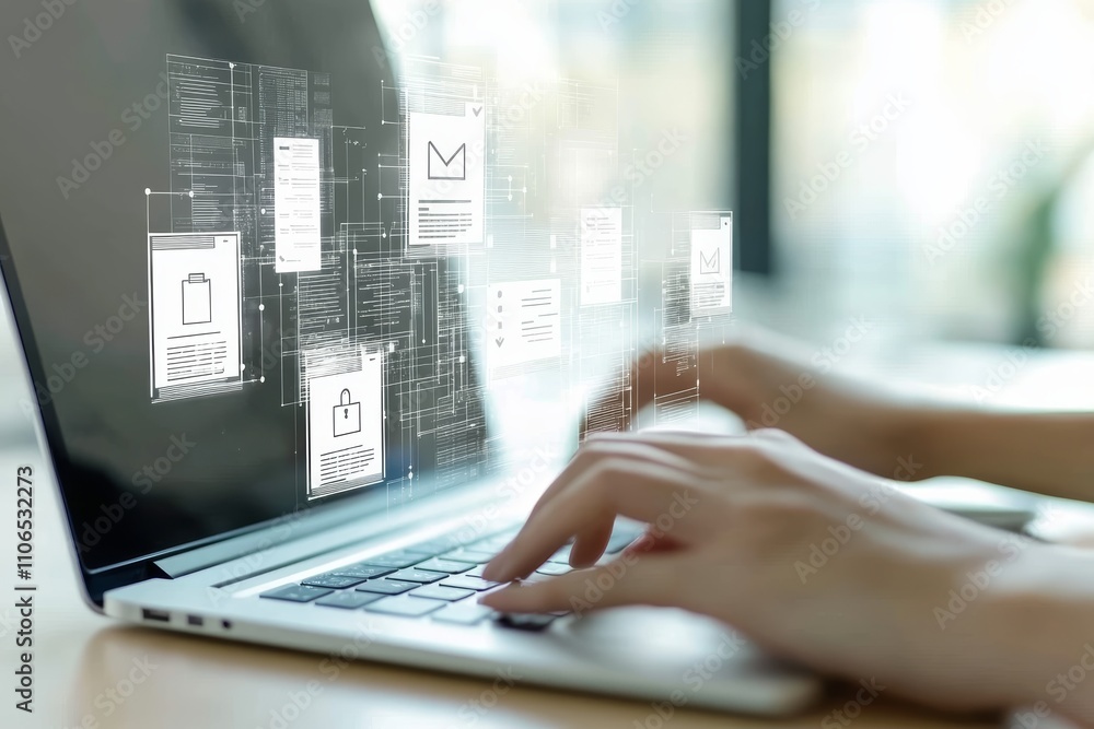 Computer Hand Typing with Virtual Screen Document Icons for Electronic Quality Assurance and Business Management Computer Hand Typing with Virtual Screen Document Icons for Electronic Quality Assurance and Business Management
