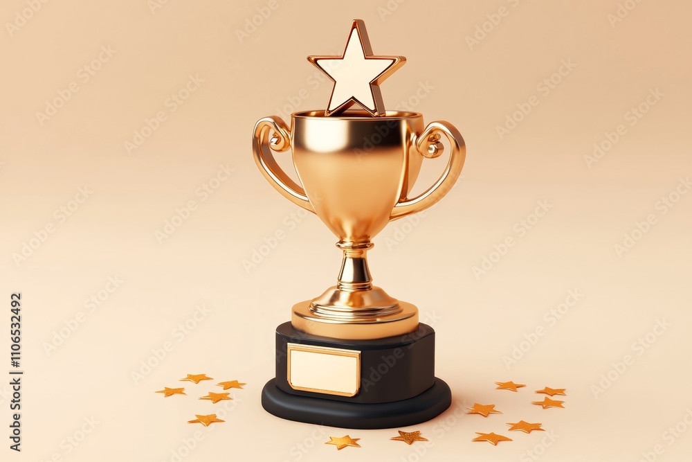 Gold Trophy Award for Five Star Success and Achievement with Shiny Metallic Design Gold Trophy Award for Five Star Success and Achievement with Shiny Metallic Design