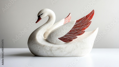 Fototapeta Naklejka Na Ścianę i Meble -  Elegant white swan sculpture with red wings on white background.